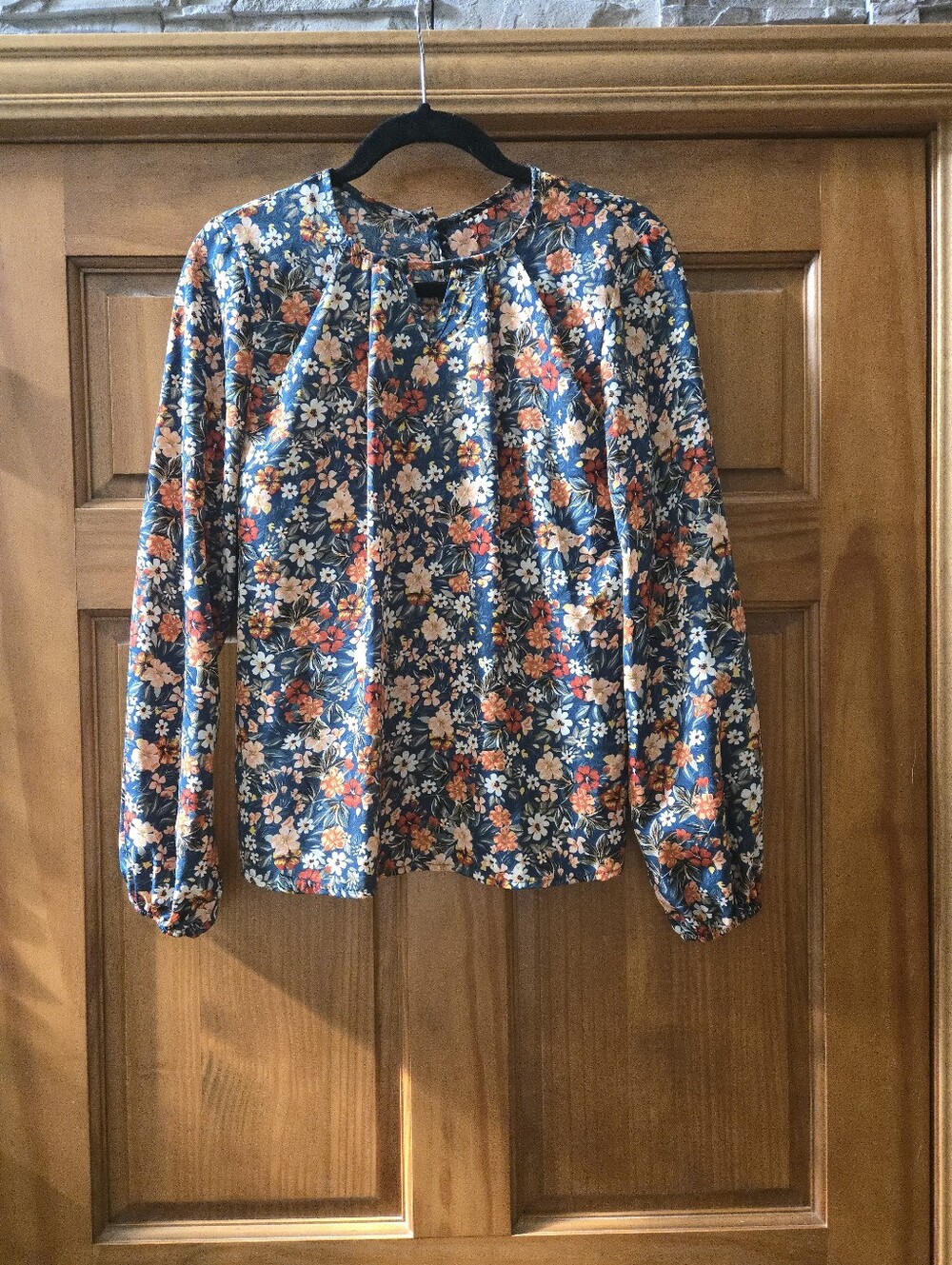 Floral Long-Sleeve Peasant Blouse - Blue Size M